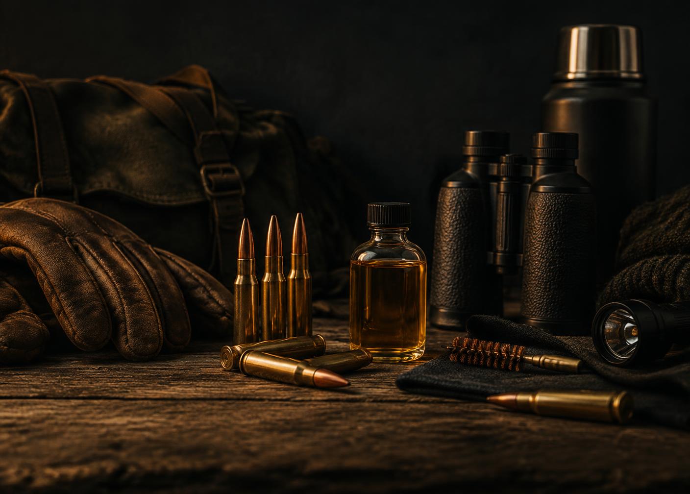 Hunting and outdoor retail products on weathered wood